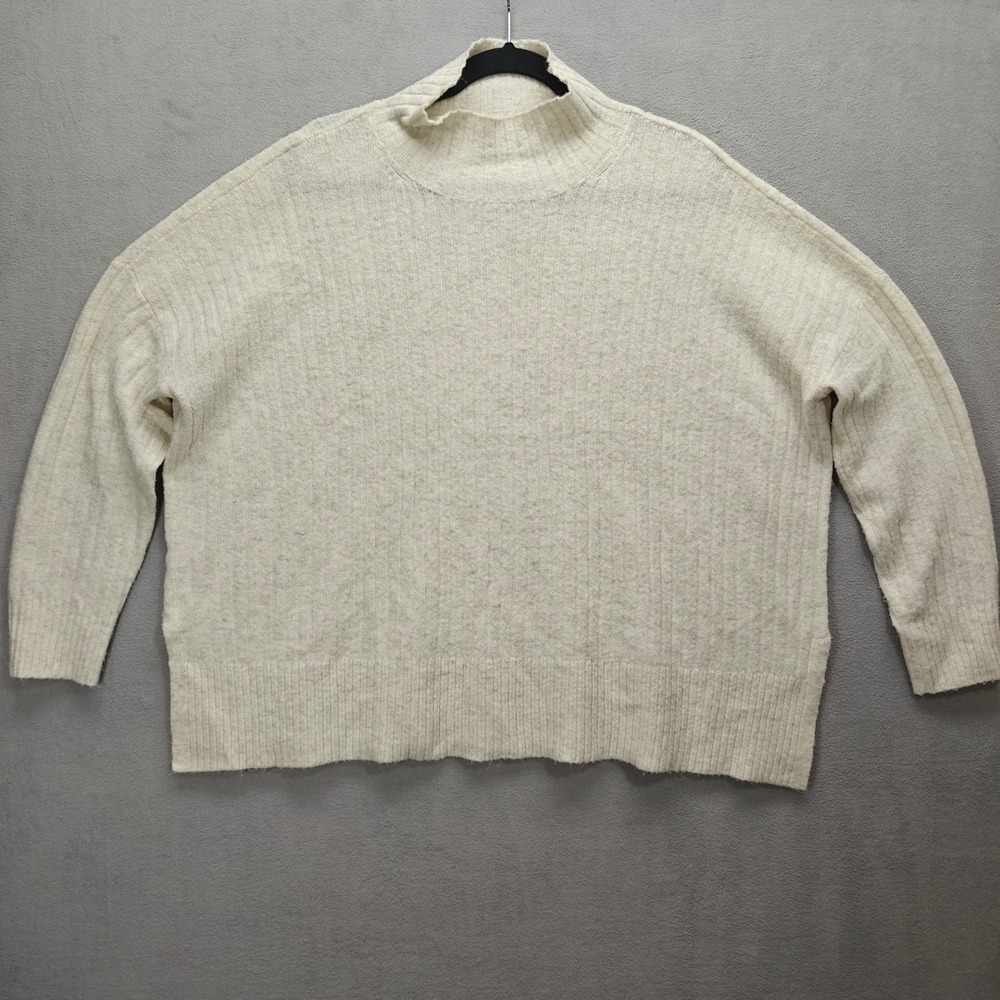 LOFT Sweater Women M Ivory Ribbed Mock Neck Oversized Minimalist Academia Preppy